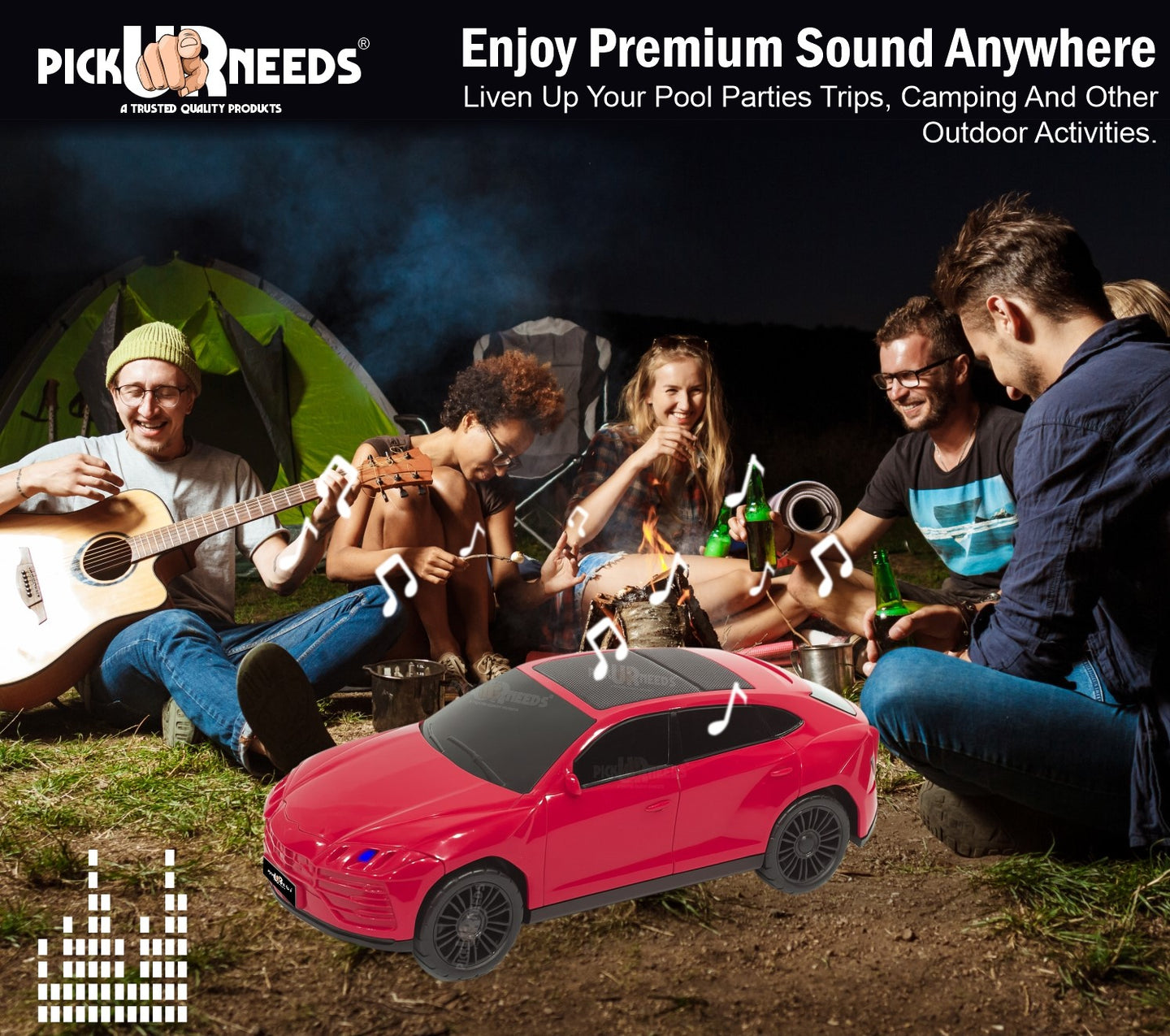 Pick Ur Needs Rechargeable Car-Shaped Speaker – RGB LED Light, USB/FM/SD Card, Type-C, 1200mAh